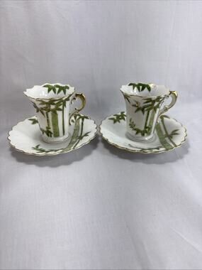 Vintage Hand Painted Bamboo Gold Trim Cup Saucer Set - Occupied Japan - Set of 2